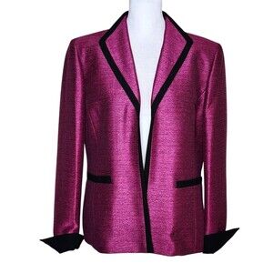Kasper Metallic Pink Open Front Blazer Women's 10 Black Trim 80s Retro Fuchsia